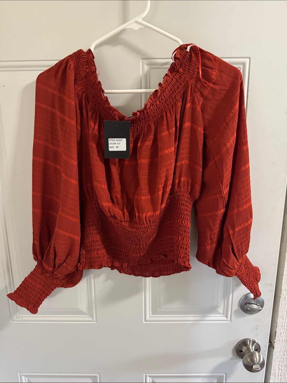 Smocked Rust Red Long-Sleeve Peasant Blouse